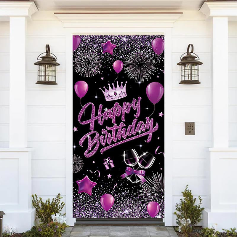 Lofaris Purple Balloons Crown Black Birthday Door Cover