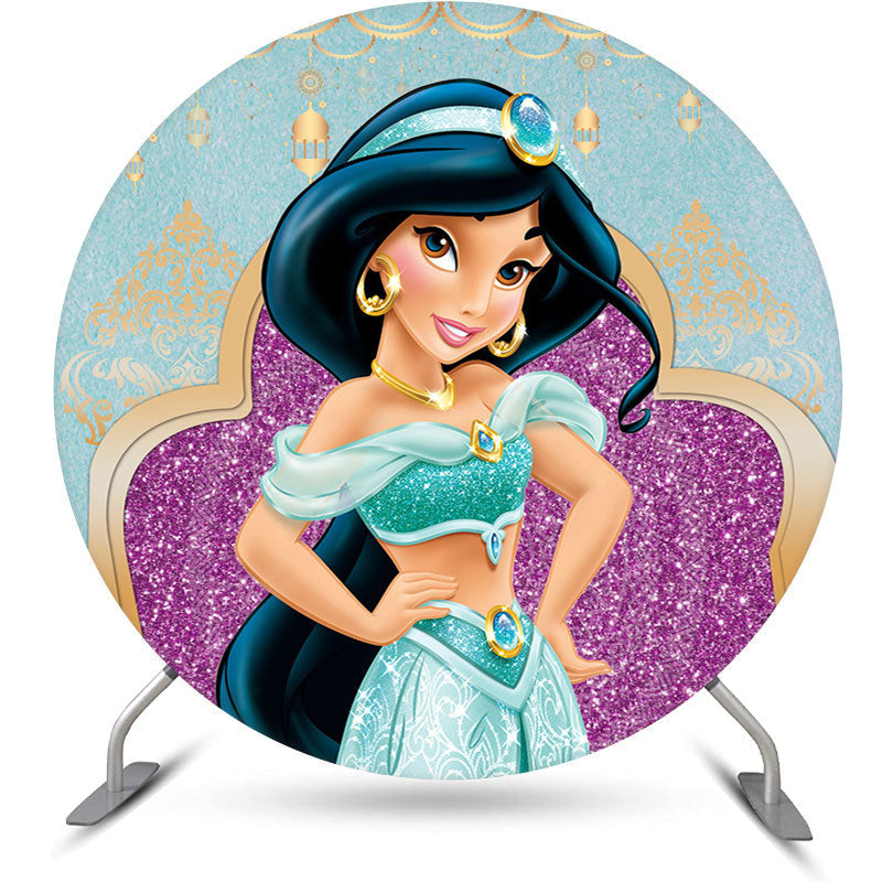 Lofaris Purple Blue Glitter Princess Round Birhday Backdrop Kit