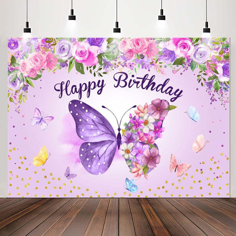 Lofaris Purple Butterflies Flowers Happy Birthday Backdrop