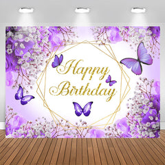 Lofaris Purple Floral And Butterflies Happy Birthday Backdrop