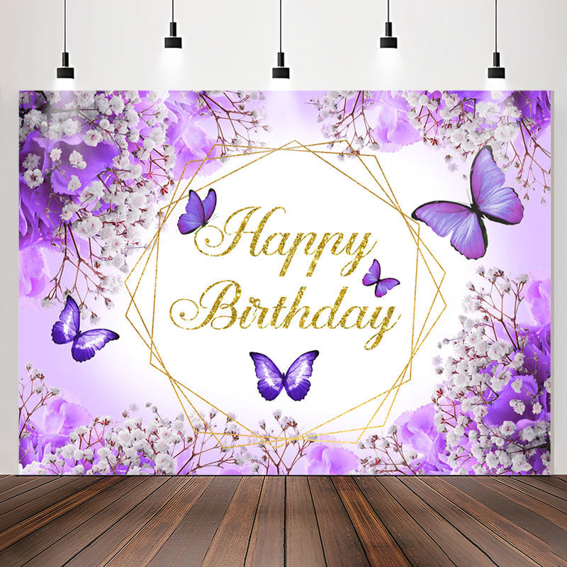 Lofaris Purple Floral And Butterflies Happy Birthday Backdrop