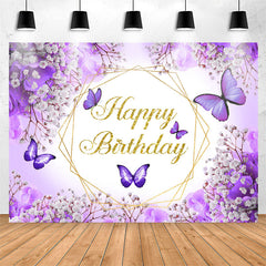 Lofaris Purple Floral And Butterflies Happy Birthday Backdrop