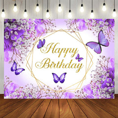 Lofaris Purple Floral And Butterflies Happy Birthday Backdrop