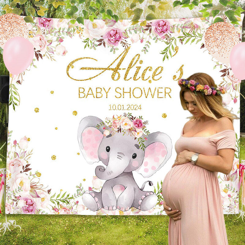 Lofaris Purple Floral Elephant Custom Baby Shower Backdrop
