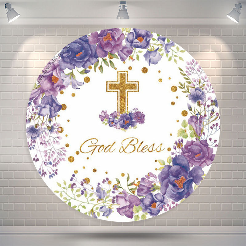 Lofaris Purple Floral God Bless Baptism Round Backdrop