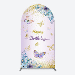Lofaris Purple Floral Gold Butterfly Arch Birthday Backdrop