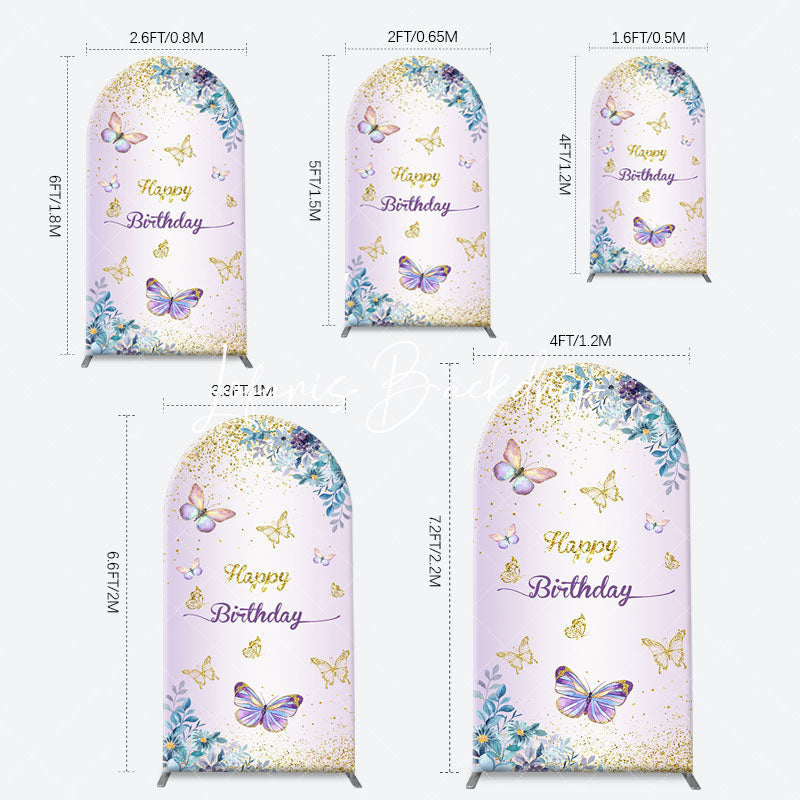 Lofaris Purple Floral Gold Butterfly Arch Birthday Backdrop
