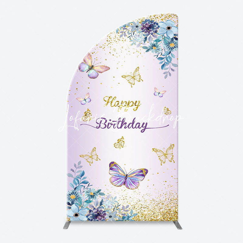 Lofaris Purple Floral Gold Butterfly Arch Birthday Backdrop