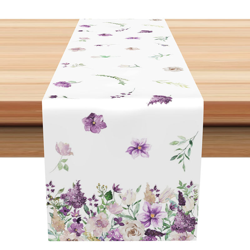 Lofaris Purple Floral Green Leaf Simple Fabric Table Runner