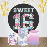 Lofaris Purple Floral Leaf Round 16th Birthday Backdrop Kit