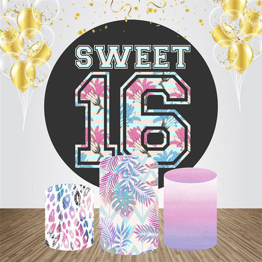 Lofaris Purple Floral Leaf Round 16th Birthday Backdrop Kit