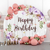 Lofaris Purple Floral Leaves Wooden Round Birthday Backdrop