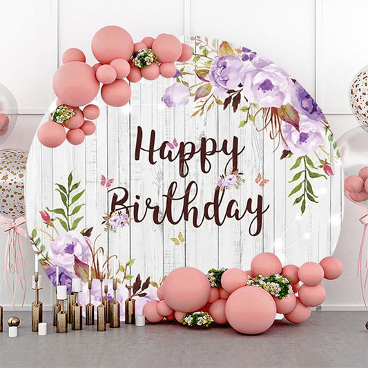 Lofaris Purple Floral Leaves Wooden Round Birthday Backdrop