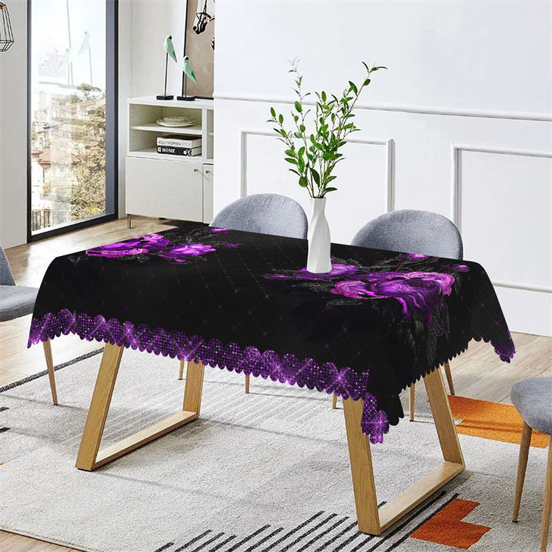 Lofaris Purple Flower Black Rectangle Tablecloth for Bistro