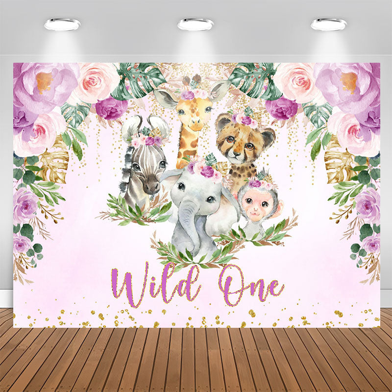 Lofaris Purple Glitter Floral Safari Wild One Birthday Backdrop