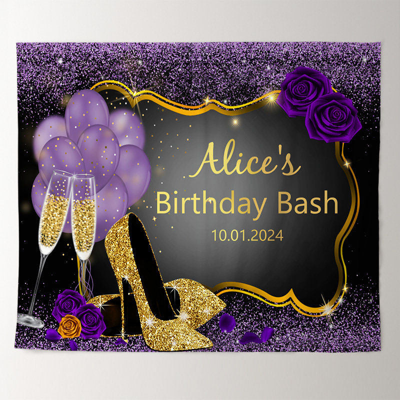 Lofaris Purple Glitter High Heel Rose Custom Birthday Backdrop