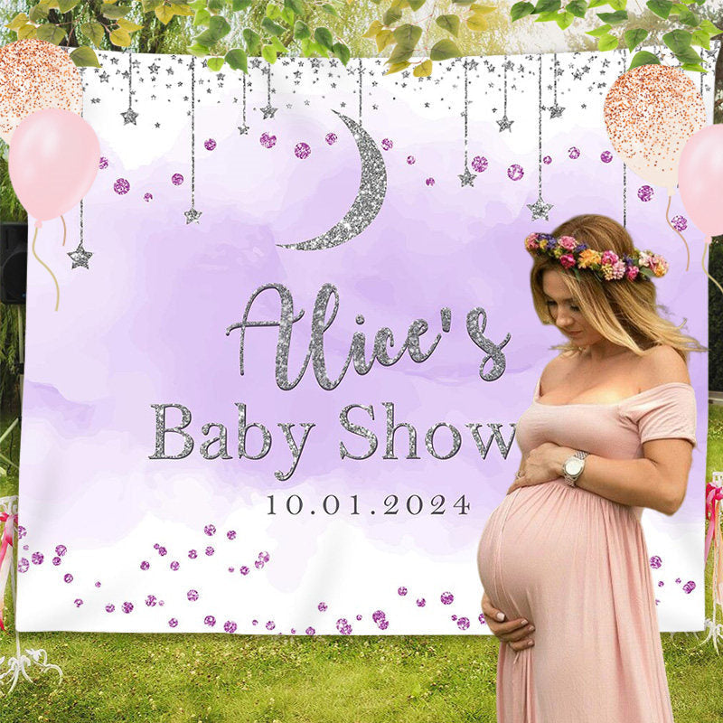 Lofaris Purple Glitter Moon Star Custom Baby Shower Backdrop