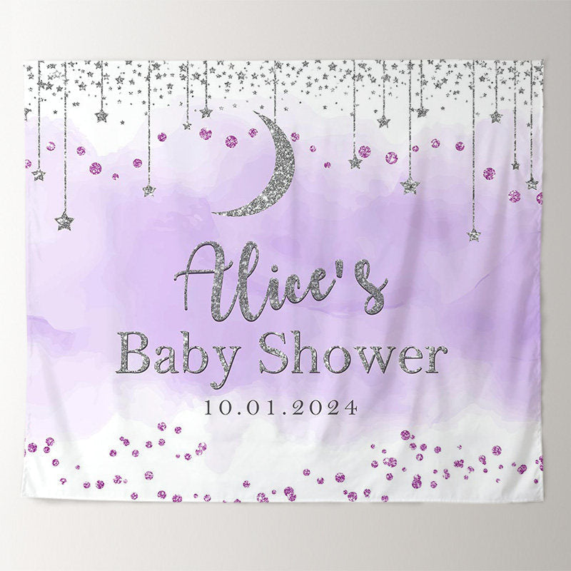 Lofaris Purple Glitter Moon Star Custom Baby Shower Backdrop