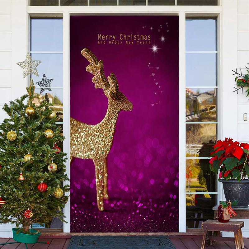 Lofaris Purple Golden Glitter Elk Merry Christmas Door Cover