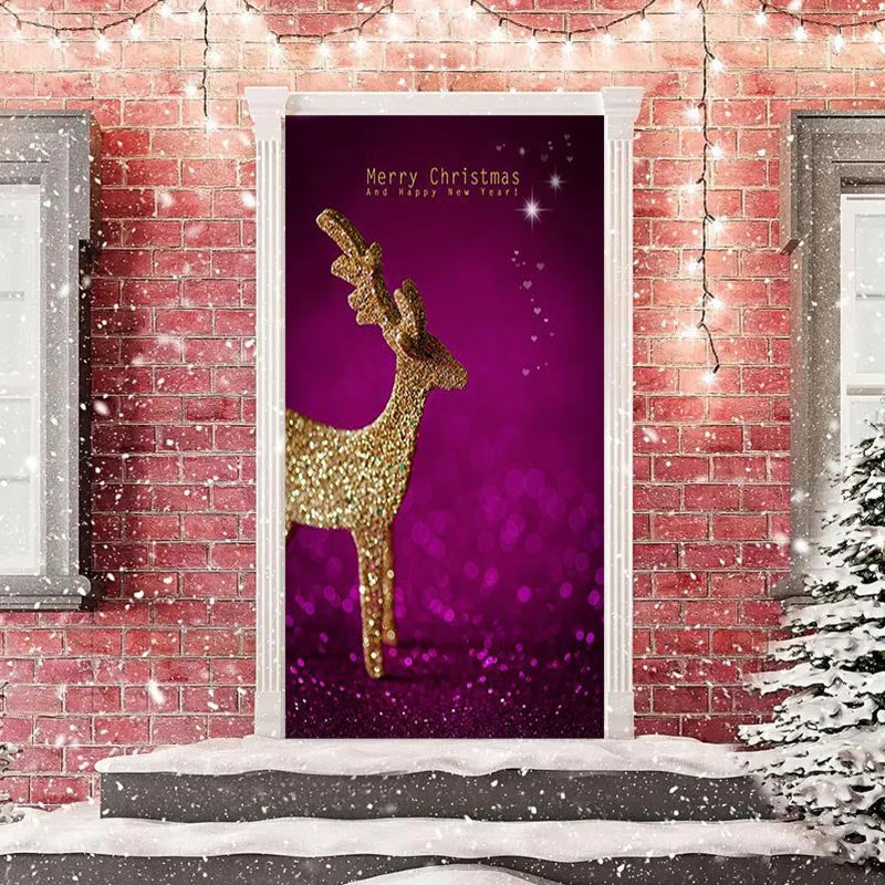 Lofaris Purple Golden Glitter Elk Merry Christmas Door Cover