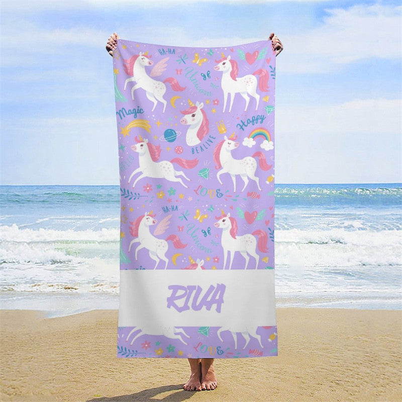 Lofaris Purple Happy Unicorn Flowers Custom Beach Towel
