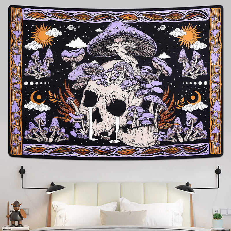 Lofaris Purple Mushroom Skull Skeleton Sun Wall Tapestry