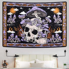 Lofaris Purple Mushroom Skull Skeleton Sun Wall Tapestry