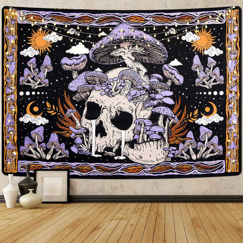 Lofaris Purple Mushroom Skull Skeleton Sun Wall Tapestry