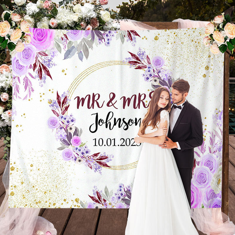 Lofaris Purple Pink With Golden Dot Mr And Mrs Wedding Backdrop