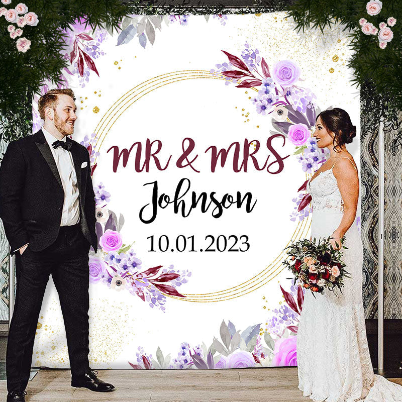 Lofaris Purple Pink With Golden Dot Mr And Mrs Wedding Backdrop