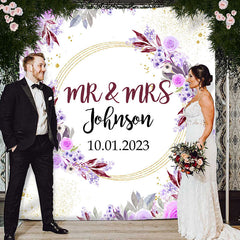 Lofaris Purple Pink With Golden Dot Mr And Mrs Wedding Backdrop