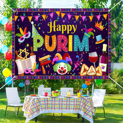 Lofaris Purple Ribbons Clown Masquerade Happy Purim Backdrop