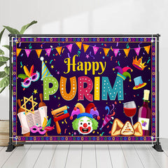 Lofaris Purple Ribbons Clown Masquerade Happy Purim Backdrop