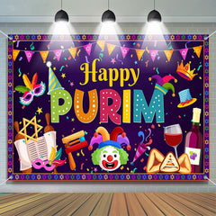 Lofaris Purple Ribbons Clown Masquerade Happy Purim Backdrop