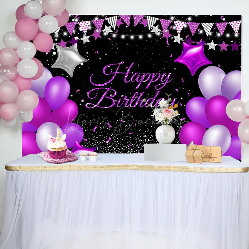 Lofaris Purple Star Balloons Glitter Happy Birthday Backdrop