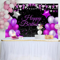 Lofaris Purple Star Balloons Glitter Happy Birthday Backdrop