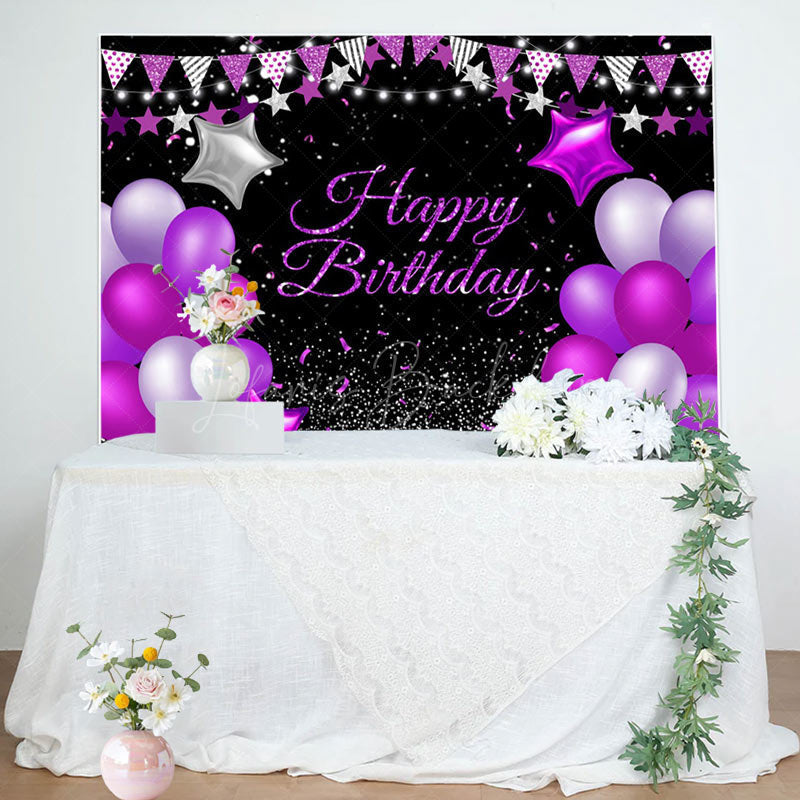 Lofaris Purple Star Balloons Glitter Happy Birthday Backdrop