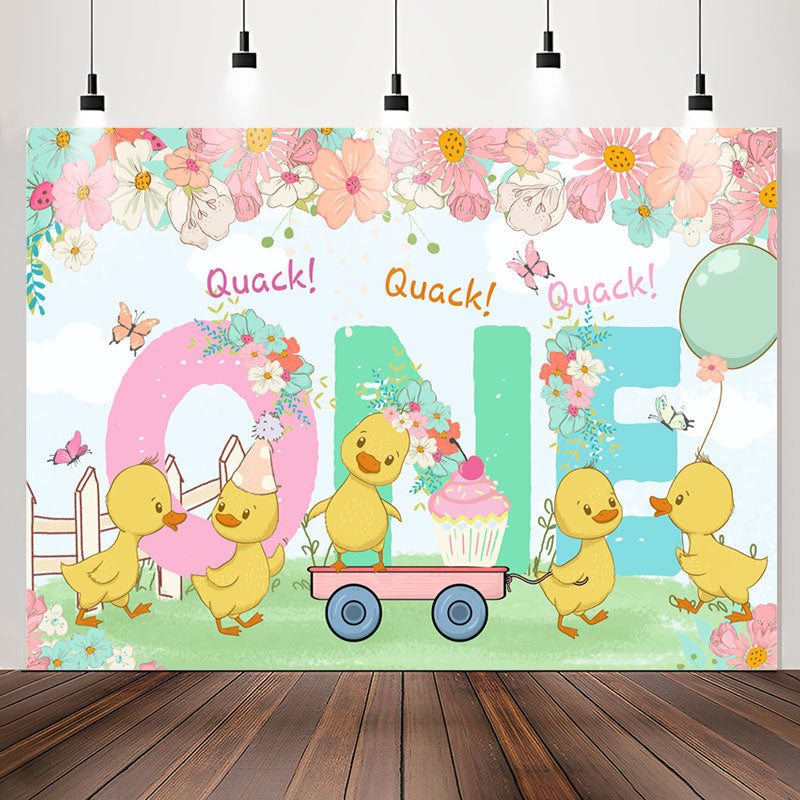 Lofaris Quack One Floral Duck Happy 1st Birthday Backdrop
