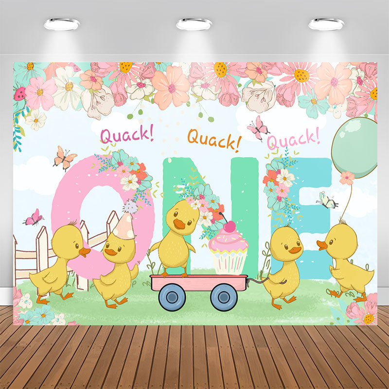 Lofaris Quack One Floral Duck Happy 1st Birthday Backdrop