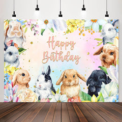 Lofaris Rabbits Colorful Flowers Happy Birthday Backdrop