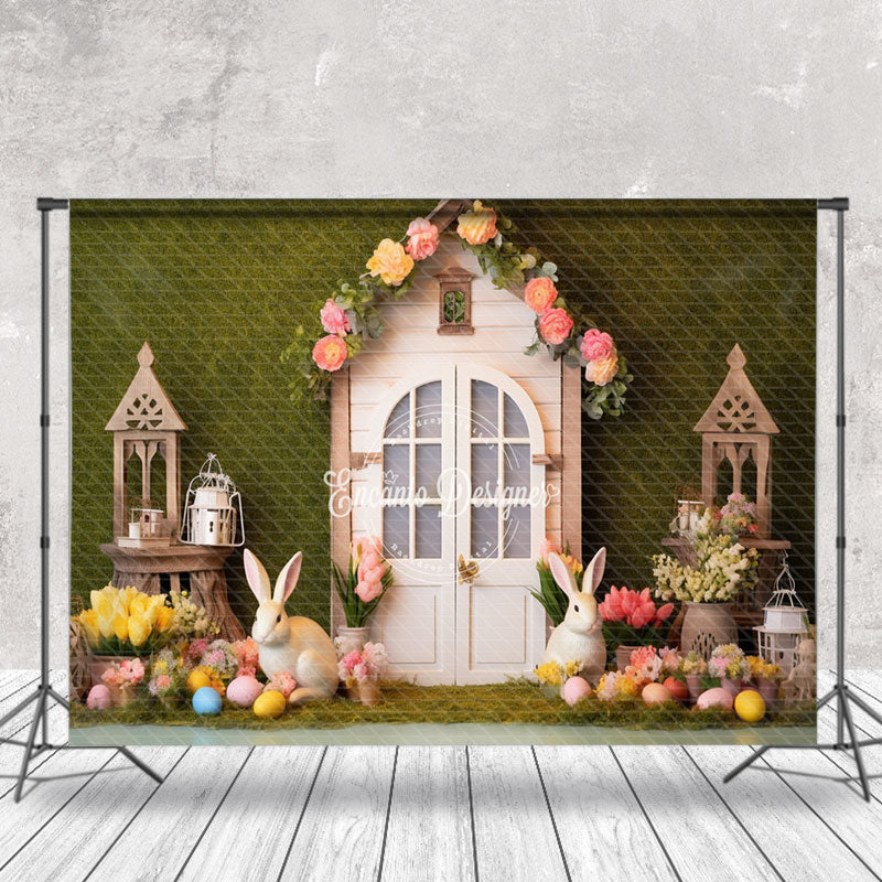 Lofaris Rabbits Eggs Floral Grass Wall Easter Photo Backdrop