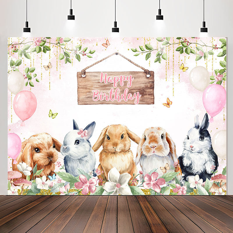 Lofaris Rabbits Pink Balloons Glitter Birthday Backdrop
