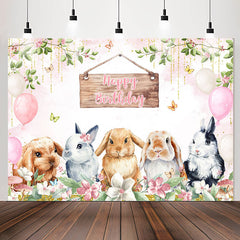 Lofaris Rabbits Pink Balloons Glitter Birthday Backdrop