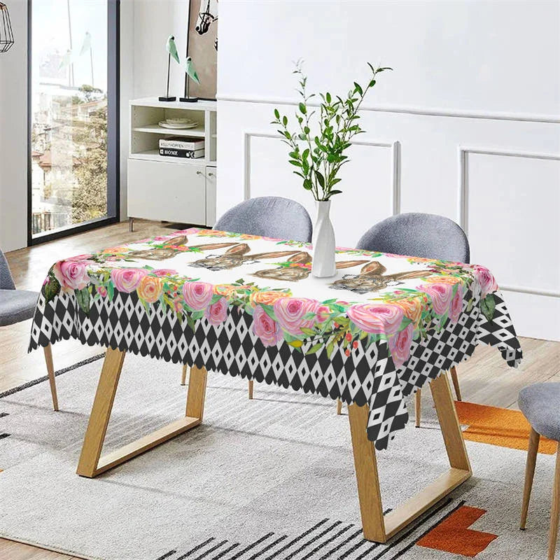 Lofaris Rabit Flowers Black White Pattern Rectangle Tablecloth