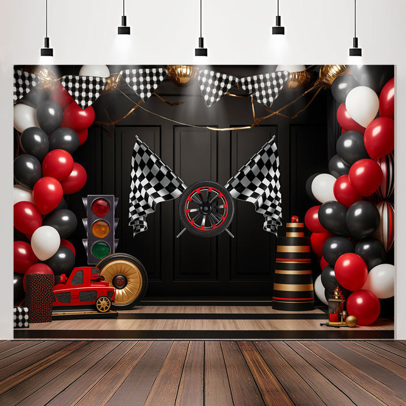Lofaris Racing Venue Plaid Flag Balloon Birthday Backdrop