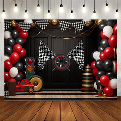 Lofaris Racing Venue Plaid Flag Balloon Birthday Backdrop