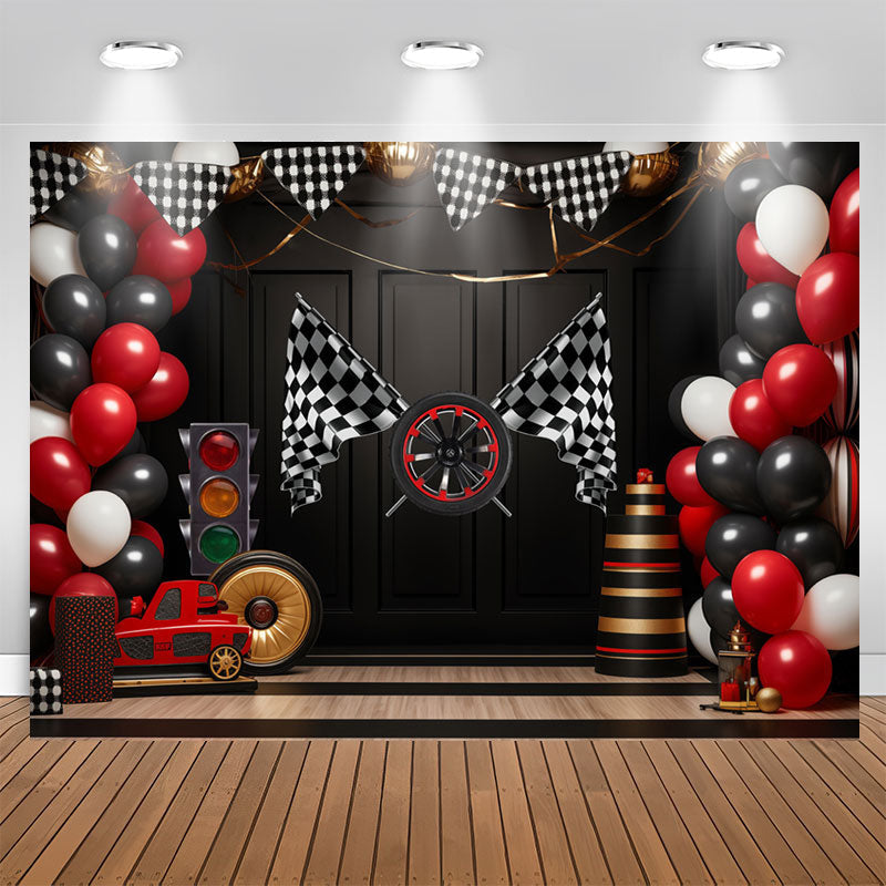 Lofaris Racing Venue Plaid Flag Balloon Birthday Backdrop