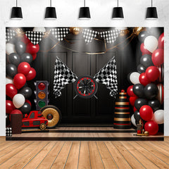 Lofaris Racing Venue Plaid Flag Balloon Birthday Backdrop