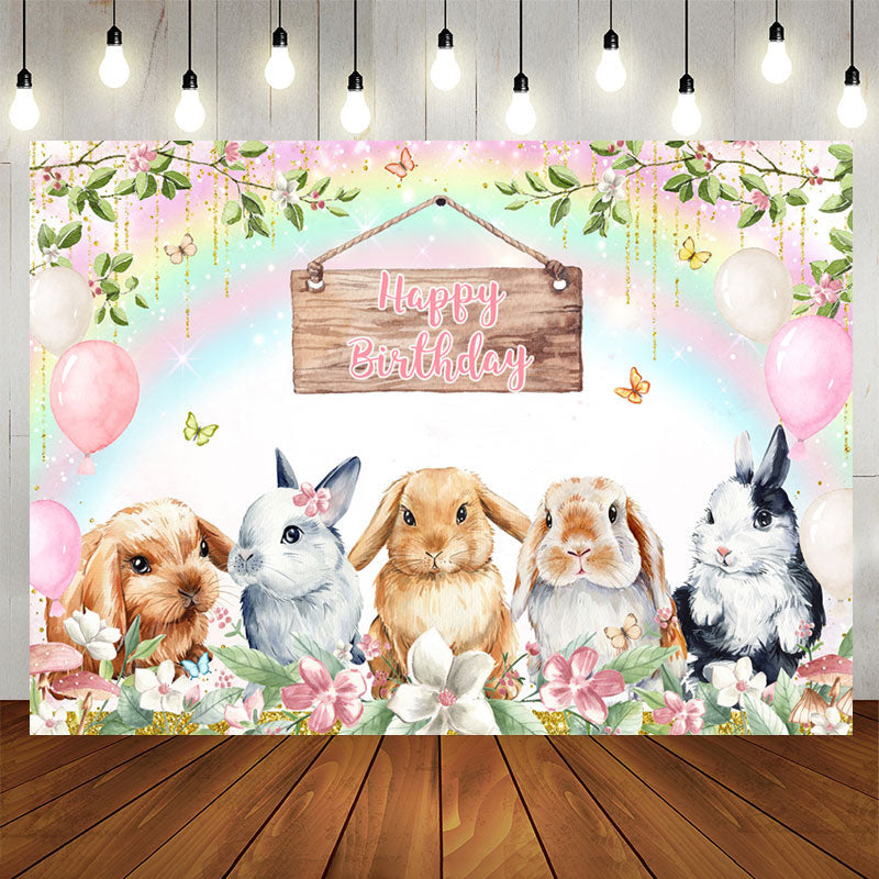 Lofaris Rainbow Bunny Floral Balloon Happy Birthday Backdrop