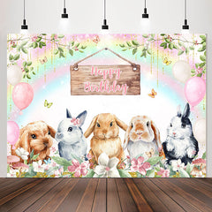 Lofaris Rainbow Bunny Floral Balloon Happy Birthday Backdrop